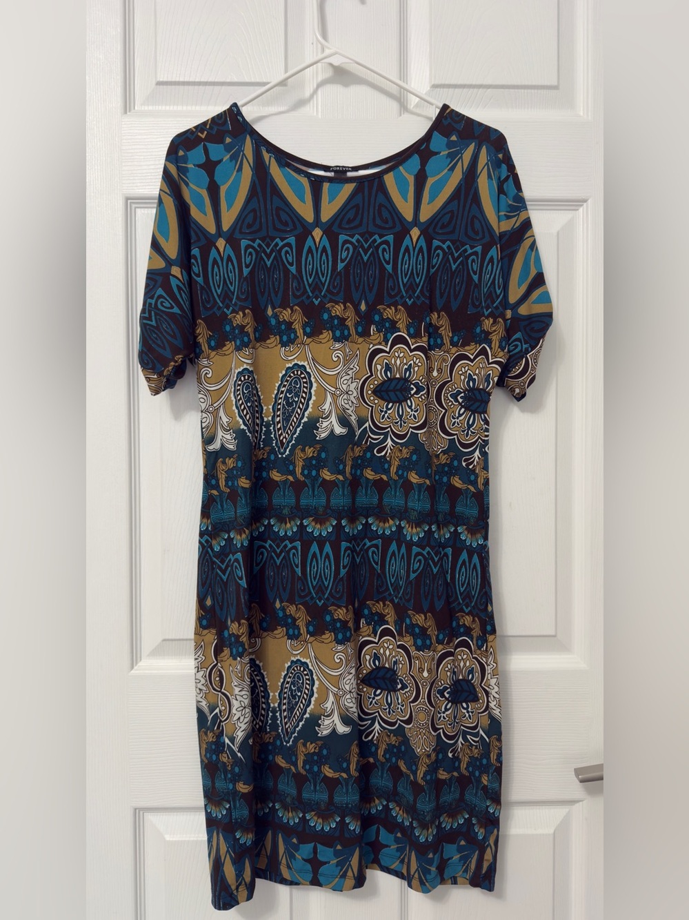 Forever New Teal Navy and Mustard Patterned Midi Dress